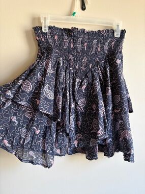 Smocked Waist Floral Circle Skirt in Navy and Pink